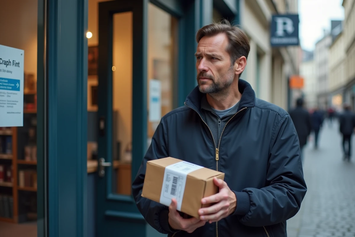 Homme récupérant un colis dans un point relais Vinted Go en milieu urbain