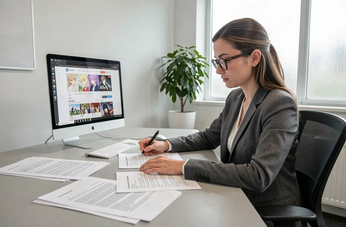 Avocate examinant des documents juridiques sur les risques légaux du téléchargement illégal de mangas