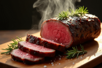 Rôti de boeuf tranché sur planche en bois avec romarin
