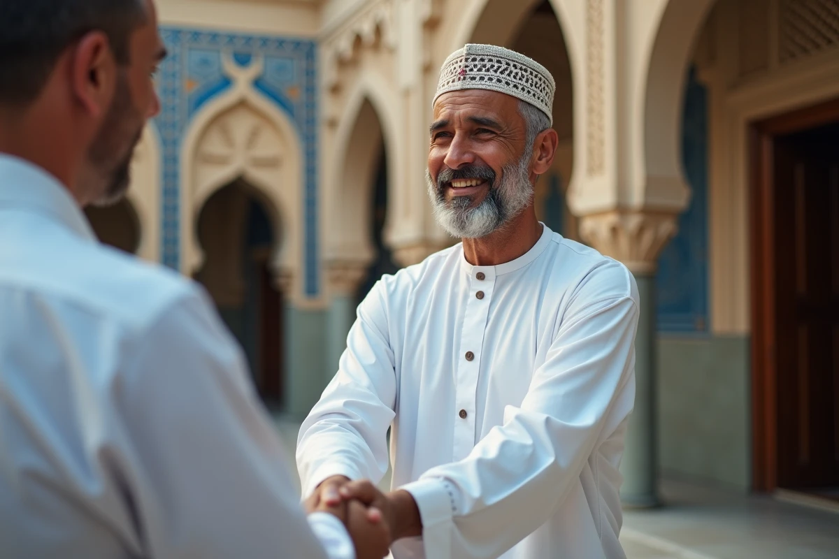 Homme en djellaba blanche échangeant des salutations de Ramadan devant l'entrée d'une mosquée