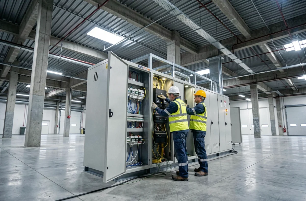 Électriciens de la Sarl Société d'Équipements Électriques en Bâtiment travaillant sur une armoire électrique industrielle dans un bâtiment tertiaire