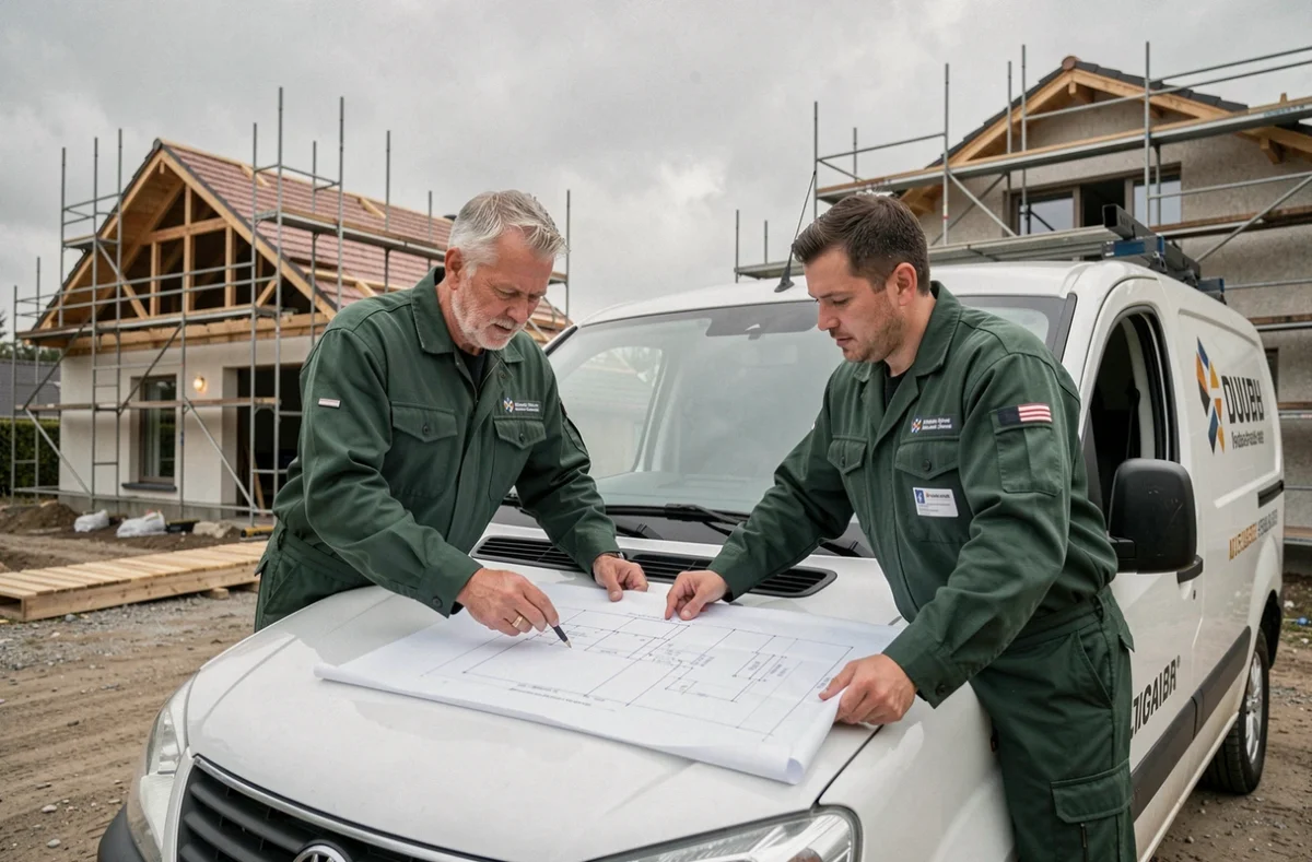 Équipe de la Sarl Nascimento consultant des plans techniques devant un chantier de construction résidentiel dans le Doubs