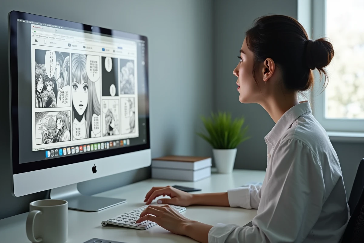 Femme découvrant les scans traduits de One Punch Man sur un écran d'ordinateur dans un bureau minimaliste à domicile