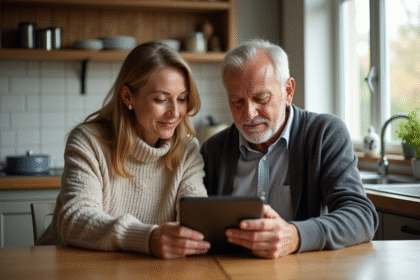 Femme aidant un homme âgé avec une tablette dans la cuisine
