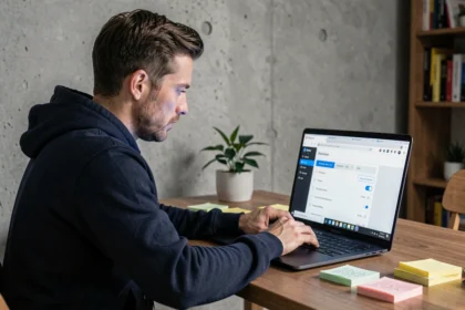 Homme en sweat-shirt sombre réglant les paramètres de confidentialité sur un navigateur web depuis un bureau à domicile