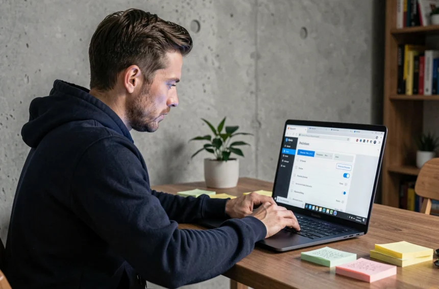Homme en sweat-shirt sombre réglant les paramètres de confidentialité sur un navigateur web depuis un bureau à domicile