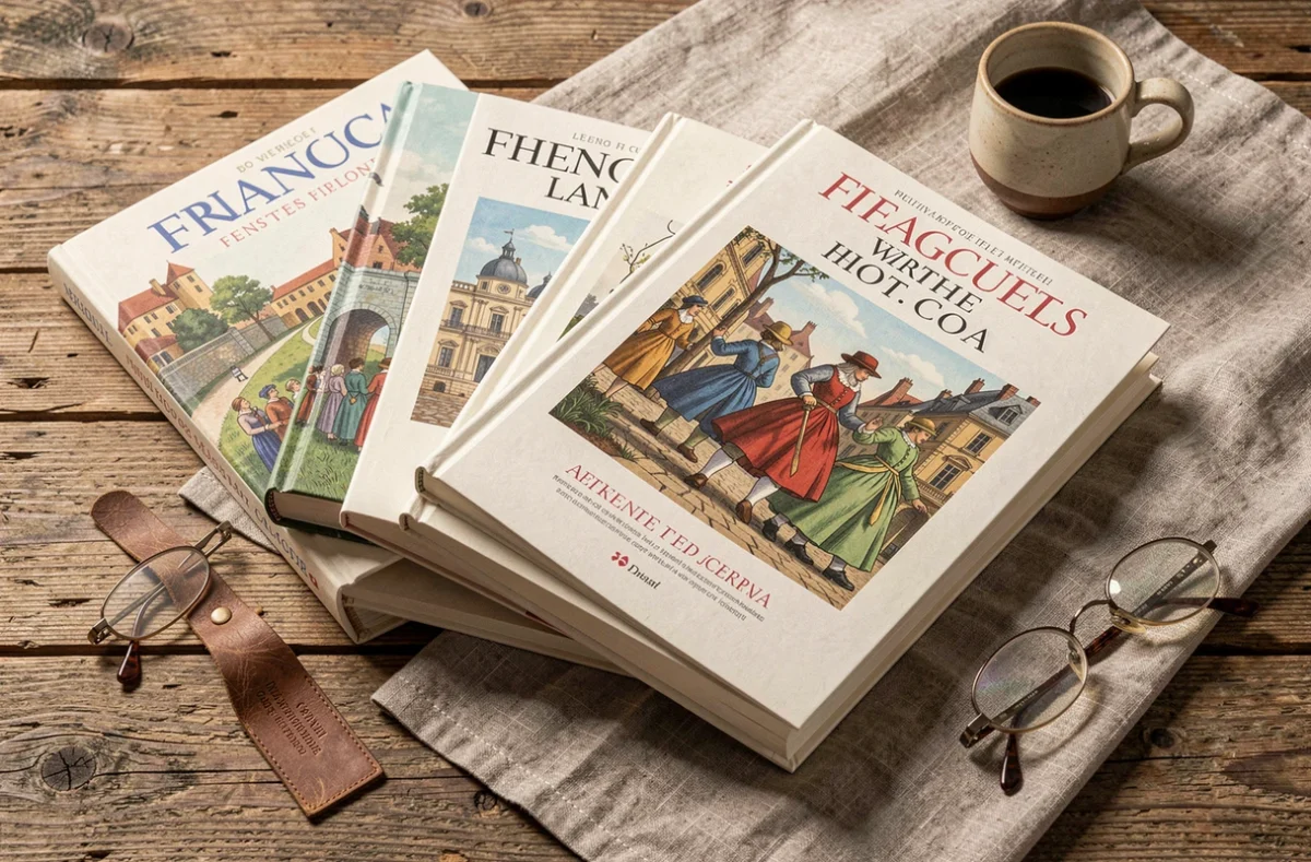 Sélection de livres sur l'histoire de France en vue de dessus sur une table en bois rustique avec accessoires de lecture
