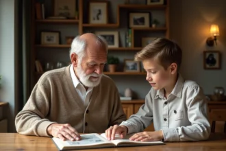 Un homme âgé et un adolescent regardent un album photo ensemble