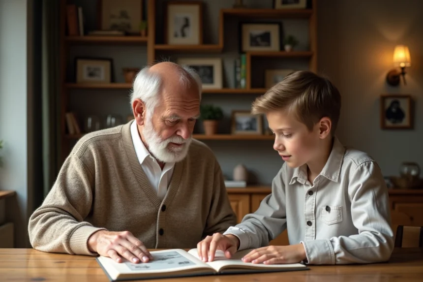 Un homme âgé et un adolescent regardent un album photo ensemble