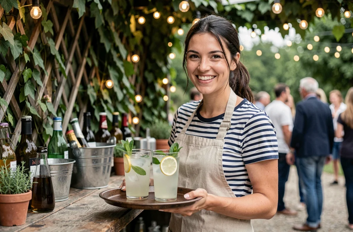 Serveuse souriante derrière le bar en bois de la guinguette de La Madeleine, servant des limonades fraîches lors d'un week-end estival près de Lille