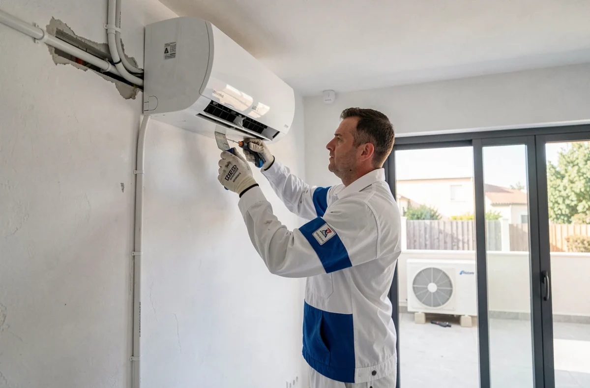 Technicien SNIC Chauffage installant un système de climatisation dans un appartement à Vernouillet