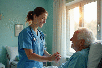 Aide-soignant souriant auprès d'un patient âgé dans une salle lumineuse