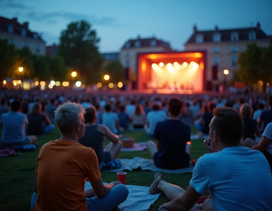 Groupe de personnes installées sur une pelouse au crépuscule pour un concert gratuit en plein air à Lyon