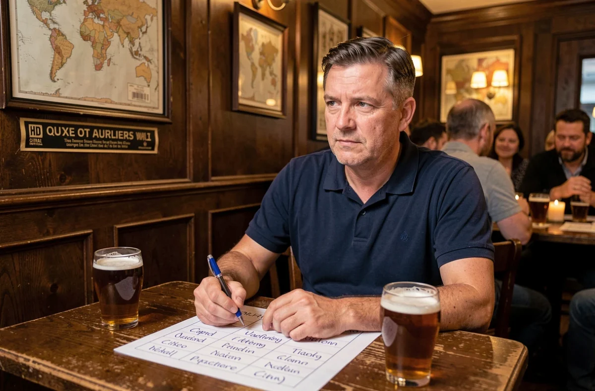 Homme concentré remplissant une fiche de quiz sur les capitales du monde lors d'une soirée quiz dans un pub