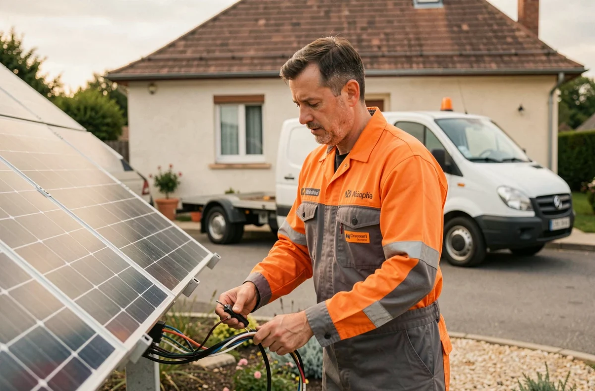 Technicien Solar Med I raccordant l'installation solaire d'une maison résidentielle avec un véhicule de service garé dans l'allée