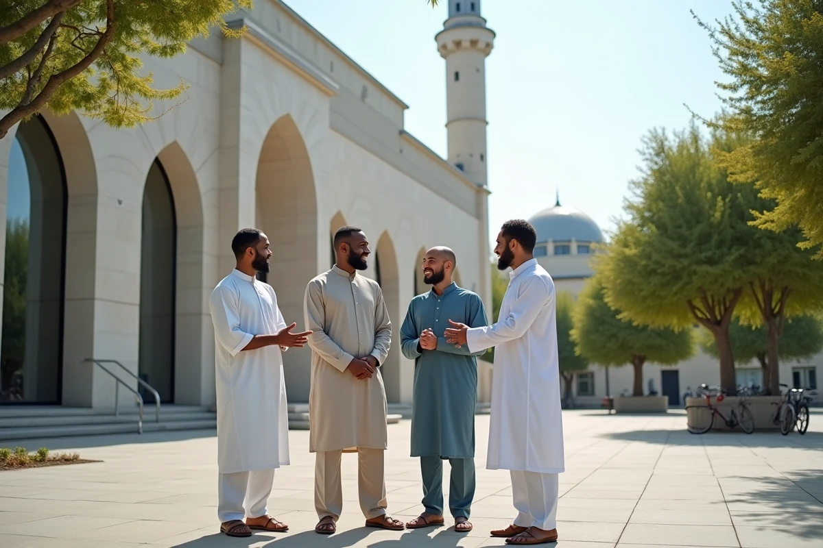 Groupe d'hommes sortant d'une mosquée après la prière du vendredi jumua en banlieue parisienne près de Le Blanc-Mesnil
