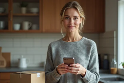 Femme consultant le suivi de son colis Vinted Go sur son smartphone dans une cuisine moderne