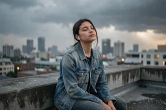 Jeune femme écoutant de la musique sur un toit urbain avec des nuages d'orage en arrière-plan, illustrant la signification émotionnelle de La Symphonie des Éclairs
