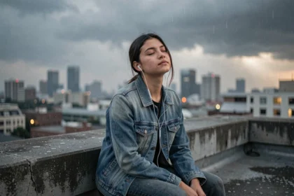 Jeune femme écoutant de la musique sur un toit urbain avec des nuages d'orage en arrière-plan, illustrant la signification émotionnelle de La Symphonie des Éclairs