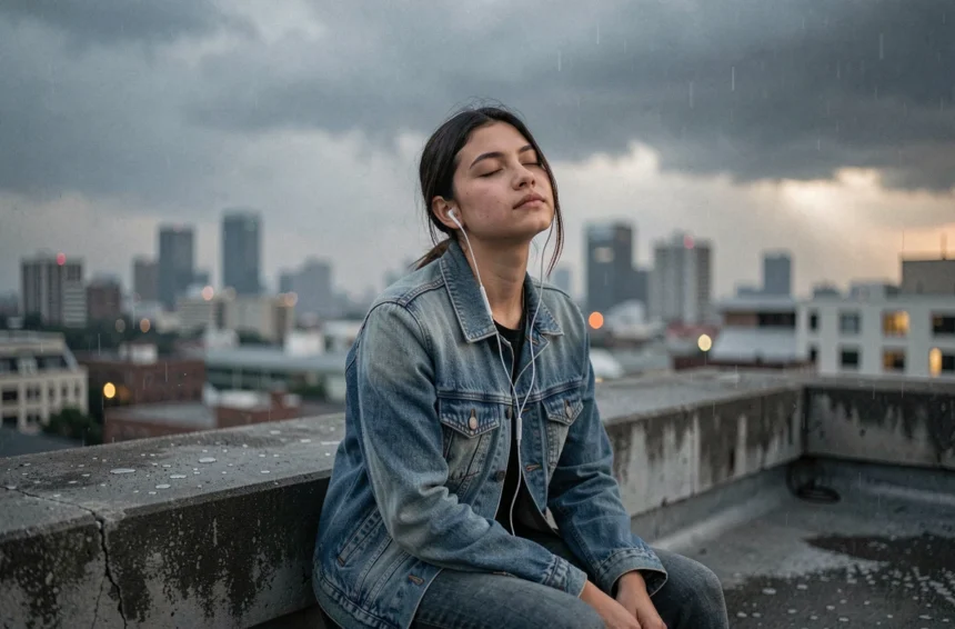 Jeune femme écoutant de la musique sur un toit urbain avec des nuages d'orage en arrière-plan, illustrant la signification émotionnelle de La Symphonie des Éclairs