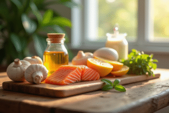 Table avec aliments riches en vitamine D comme saumon œufs et champignons