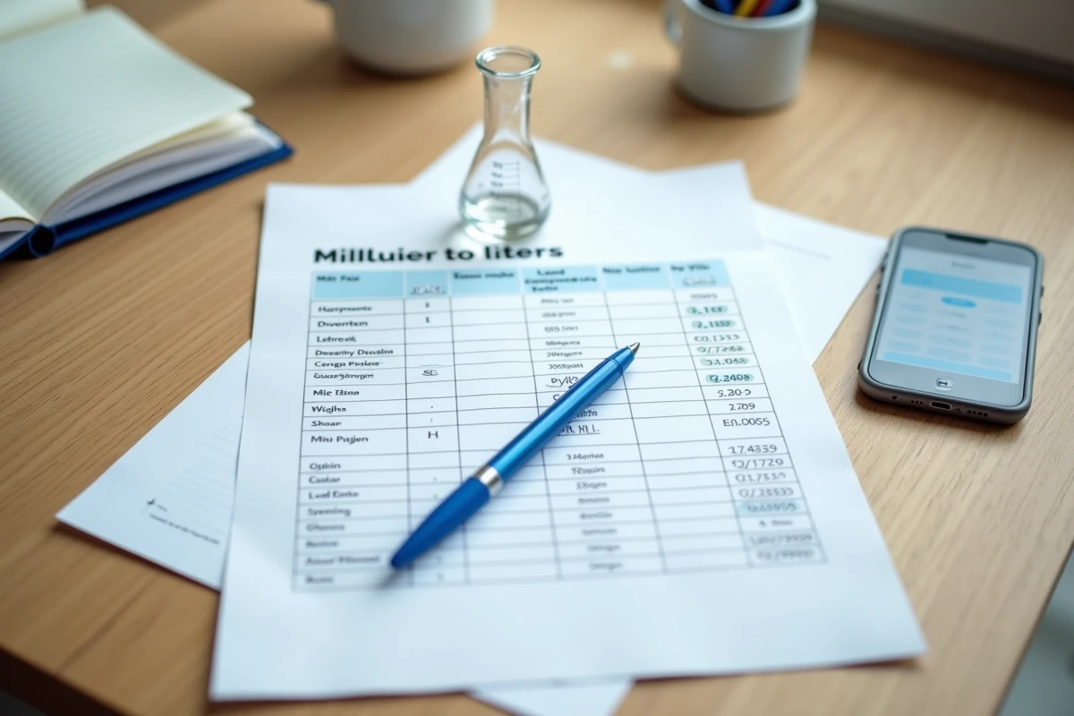 Tableau de conversion millilitres en litres imprimé sur bureau en bois avec fiole graduée et stylo
