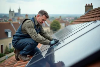 Technicien inspectant des panneaux solaires à Bayeux
