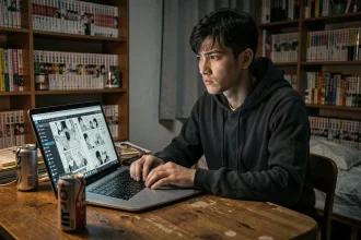 Jeune homme téléchargeant des mangas sur un site comme Kaliscab depuis son ordinateur portable dans sa chambre
