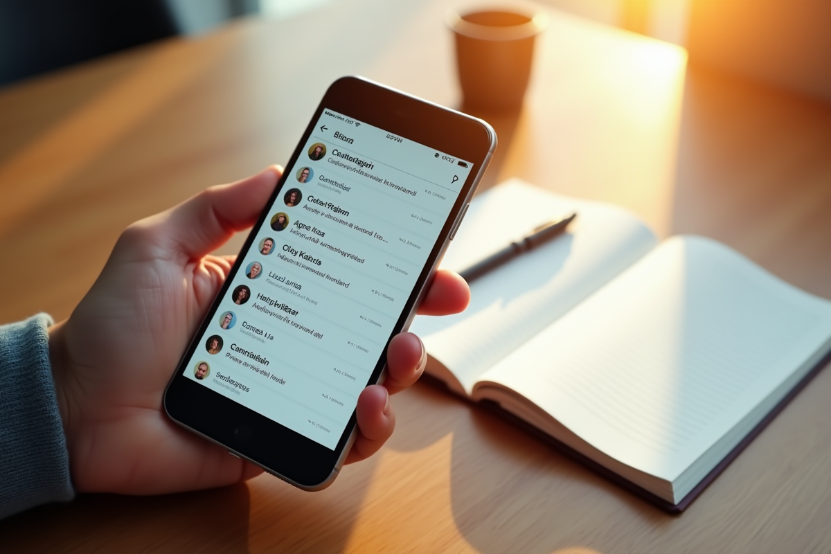 Téléphone affichant une conversation avec ChatGPT sur une table en bois