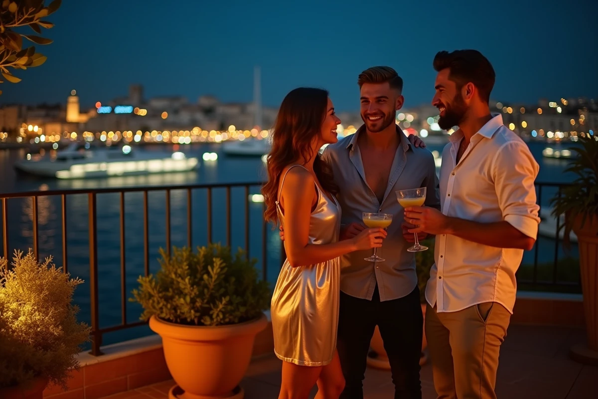 Groupe de jeunes sur une terrasse de club en rooftop avec vue sur le Vieux-Port de Marseille