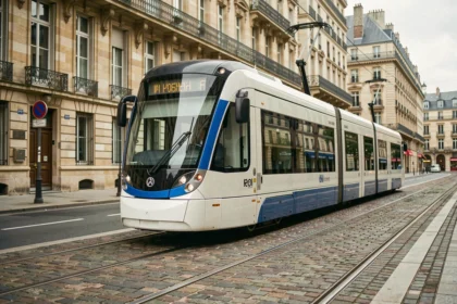 Tramway moderne de Bordeaux circulant sur une ligne urbaine avec façades haussmanniennes en arrière-plan