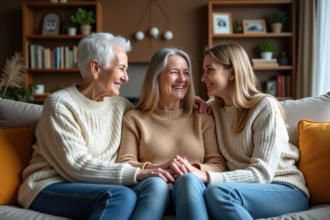 Trois générations de femmes assises ensemble dans un salon chaleureux