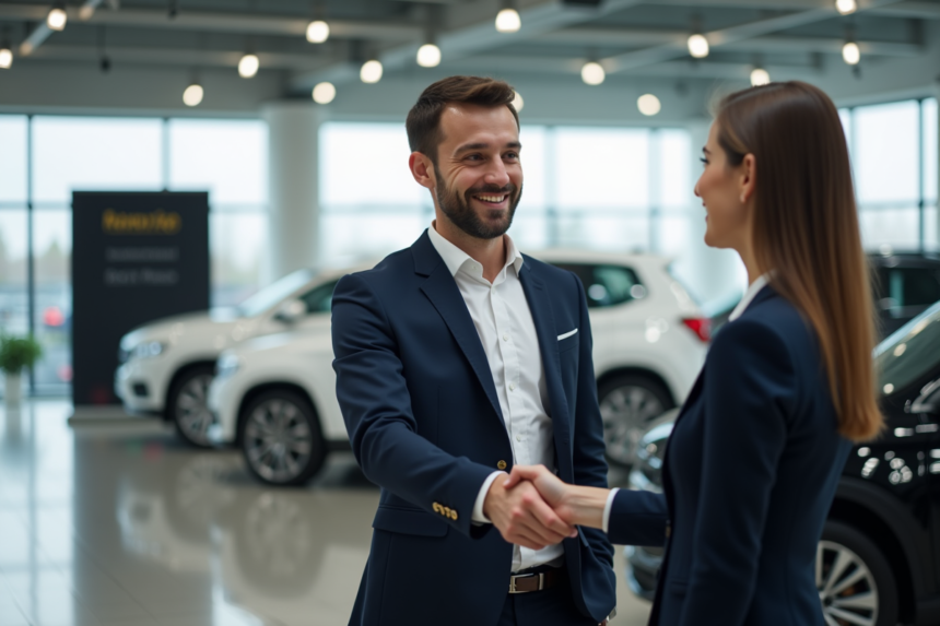 Vendeur automobile en costume serre la main d'une cliente souriante