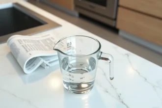 Verre doseur avec 50 ml d'eau et tableau de conversion millilitres en litres sur plan de travail en marbre blanc
