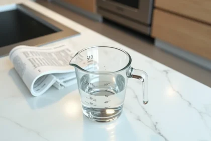 Verre doseur avec 50 ml d'eau et tableau de conversion millilitres en litres sur plan de travail en marbre blanc