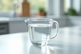 Verre doseur avec 80 ml d'eau sur plan de travail blanc