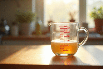 Verre mesureur rempli à 30 ml sur planche en bois