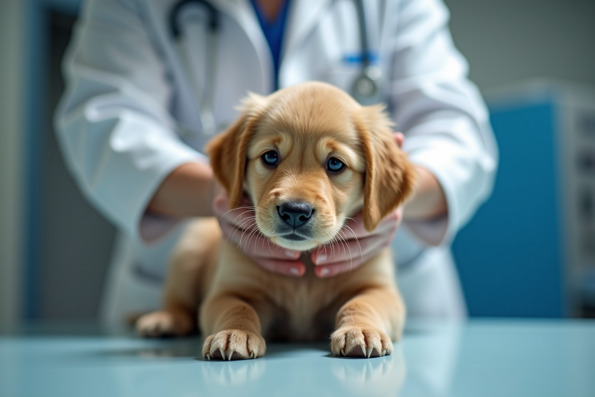 Vétérinaire examinant un chiot golden retriever sur une table