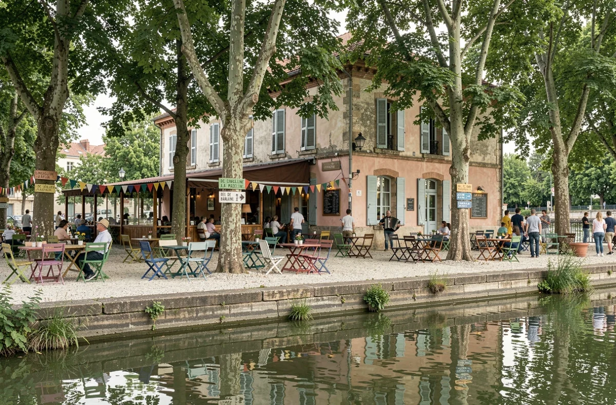 Vue panoramique de la guinguette de La Madeleine au bord de la Deûle avec terrasse animée, musicien et décor typique d'un week-end à Lille